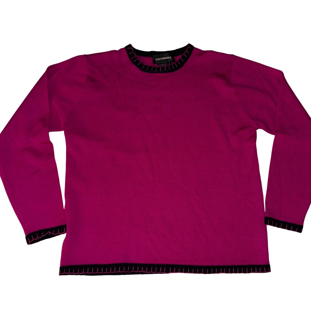 SADIMARA Magenta Merino Wool Knit Long‎ Sleeve Crew Neck Sweater Women's L